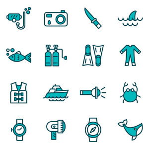 潜水和水上活动图标。 钓鱼设备，面罩，管蹼，泳衣等。
