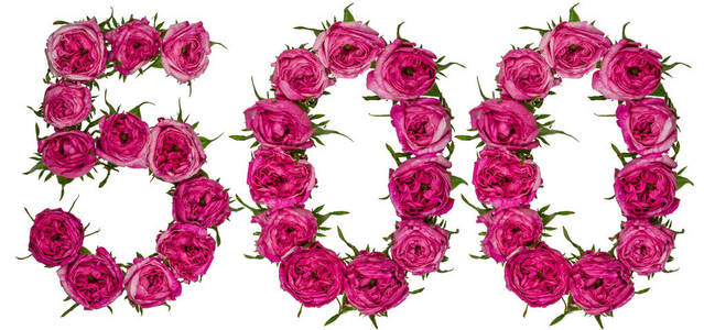 阿拉伯数字 500, 500, 从红色的玫瑰花, 孤立照片