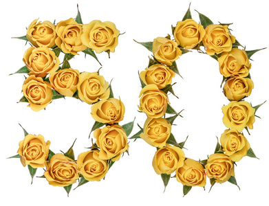 阿拉伯数字 50, 五十, 从黄色的玫瑰花, 孤立