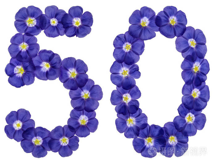 阿拉伯数字50五十从亚麻蓝色的花朵孤立