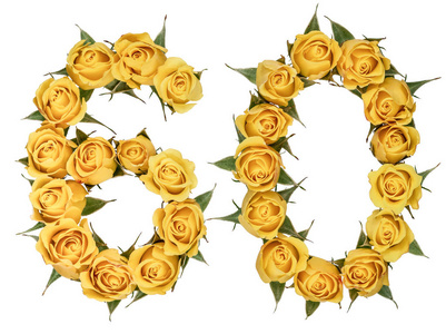 阿拉伯数字 60, 六十, 从黄色的玫瑰花, 孤立