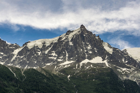 阿尔卑斯山在6月。钻头杜 Midi 在勃朗峰的景观