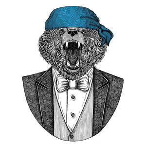 熊狂放的棕熊狂放的车手, 海盗动物佩带手帕手绘的图象为纹身徽章徽章标志补丁tshirt