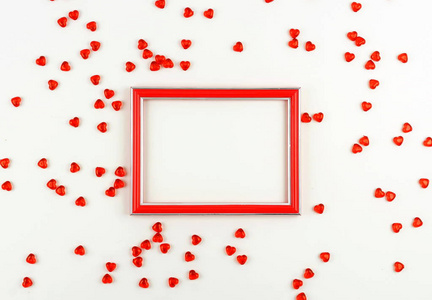 s day concept. Red frame and red hearts on a white background. T