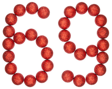 数字 69, 六十九, 从装饰球, 在白色隔离照片