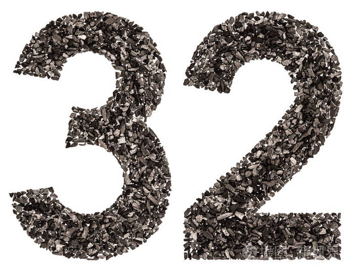 阿拉伯数字 32, 三十二, 从黑色的天然木炭, 是