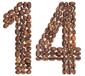 阿拉伯数字 14, 十四, 从咖啡豆, 在惠特孤立照片