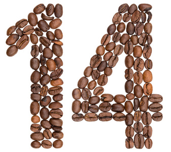 阿拉伯数字 14, 十四, 从咖啡豆, 在惠特孤立照片