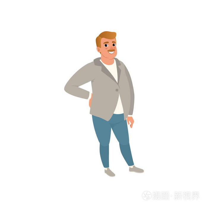 在灰色羊毛衫, t-shirt 和蓝色牛仔裤的白种男性卡通人物.