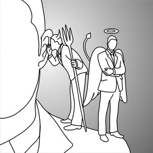 恶魔手恶魔耳语在耳朵生意人肩膀矢量插图涂鸦手绘素描手绘制黑色线在