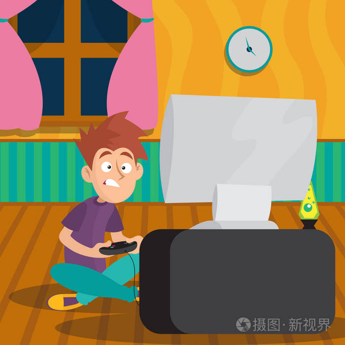 卡通儿童人物坐在地板上的电视前面的手操纵杆.平面向量