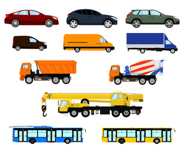 不同的汽车车辆和卡车的矢量集。乘用车运载车工程车和城市公共交通。在白色背景上隔离