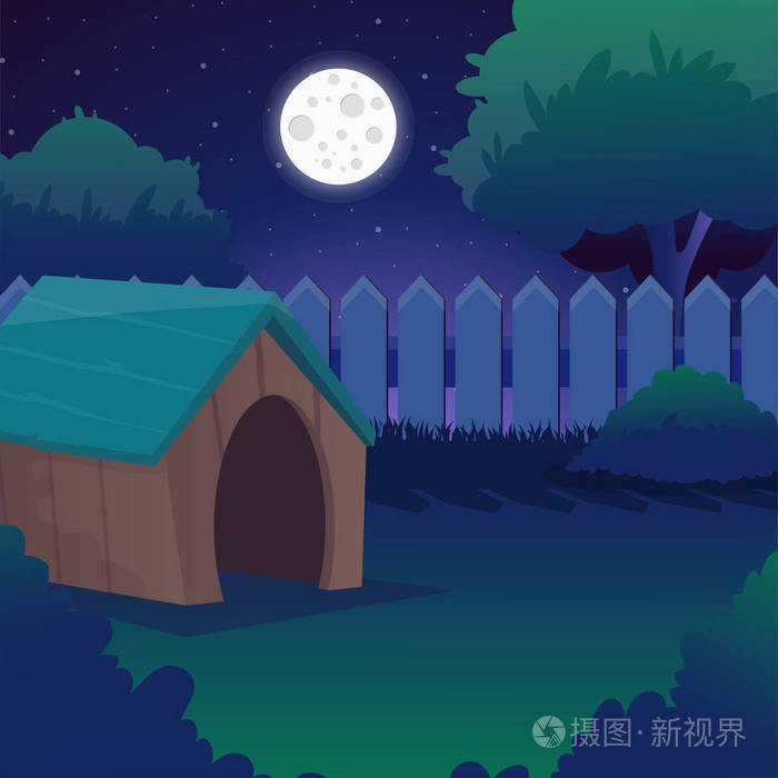 卡通夜景与星空, 满月, 树木和灌木与绿色树叶, 木栅栏.