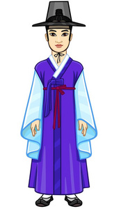 动画肖像的年轻美丽的韩国男孩穿着古老的传统服装。 全面增长。 在白色背景上隔离的矢量插图。图片