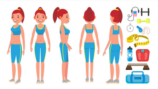 健身女孩矢量。不同的姿势。女性健身。妇女锻炼健身。心脏, 跑步机, 身体提升。孤立的平面卡通人物插图