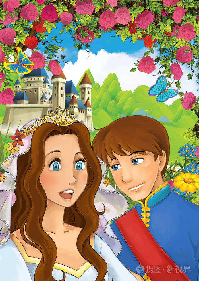 卡通幸福夫妇在花园里为孩子们讲满了玫瑰插图