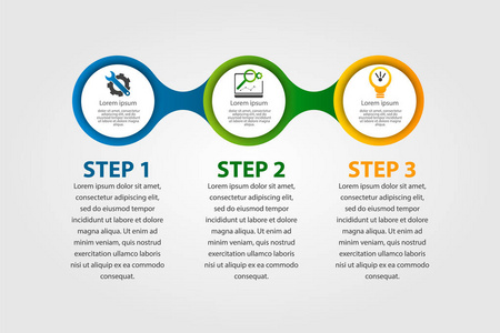 现代矢量插画3d。模板圆信息与三元素。设计用于业务演示web 设计带有3步骤选项部件或流程的图表。创意理念
