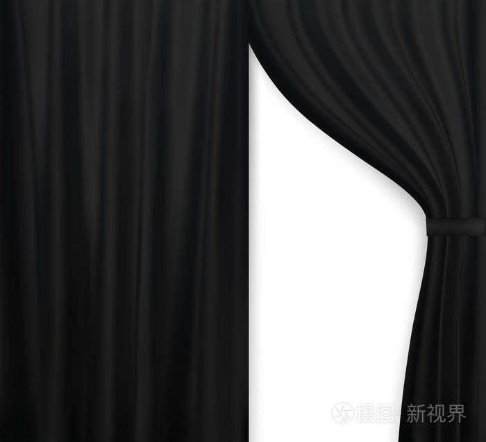 窗帘的自然主义形象, 拉开窗帘的黑颜色。矢量插图