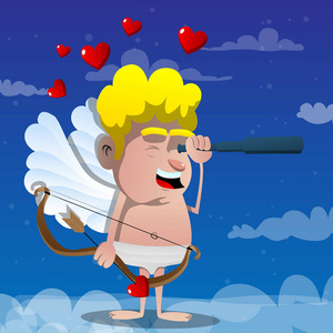 丘比特通过望远镜寻找机会,另一方面是弓箭. 矢量卡通人物插图.照片