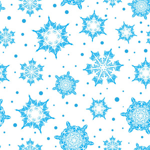 矢量假日淡蓝色手绘圣诞节雪花重复无缝图案背景。可用于面料墙纸文具包装