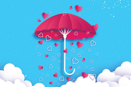 情人节快乐.粉红色的雨伞.有爱的空气在下雨.折纸心雨降.阳伞.