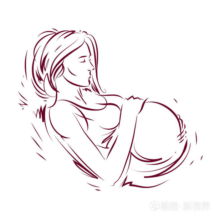 怀孕的女性身体形状手绘矢量插图美丽的女士轻轻触摸她的腹部爱和温柔