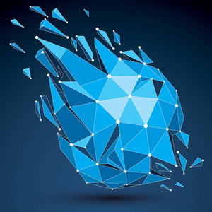 不对称几何三维矢量低聚物体与蓝色连接线和点几何线框形状与折射.