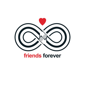 朋友永远永恒的友谊,不寻常的矢量标志,结合了无限和人手的两个符号.