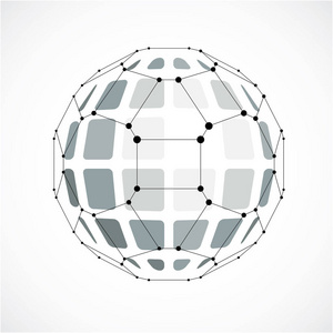 利用面制作的三维矢量数字线架球面物体。 用线条网格和五边形创建的几何多边形灰球。 用于网页设计的低聚形状晶格形式。