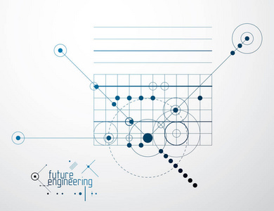 工程技术矢量壁纸由圆圈和线条制成。 技术图纸摘要背景。