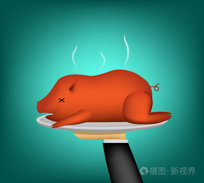 3d烤乳猪在侍者手传染媒介