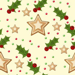 圣诞无缝模式与云杉枝冬青浆果和星星矢量插画冬天假日圣诞节包装纸