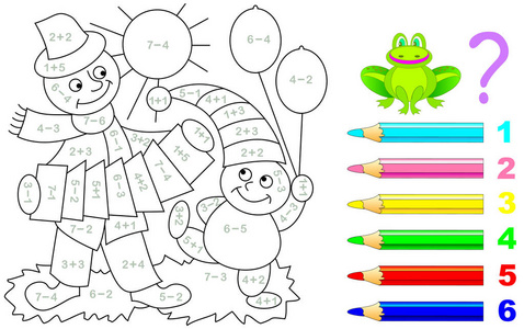 幼儿关于加减法的数学工作表。 需要解决例子，并用相关的颜色绘制图片。 培养计数技能。 矢量图像。