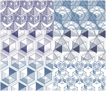 几何3D线抽象无缝图案集向量背景立方体集合。 技术风格工程线绘制无尽的插图。 可用于织物壁纸包装。 单色黑白。