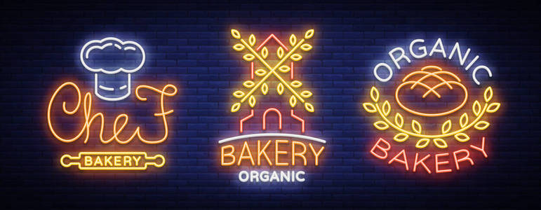 在霓虹灯风格的烘焙收藏标志。关于新鲜糕点主题的矢量插图。一套霓虹灯符号, 生动的广告牌, 夜店的辉煌广告