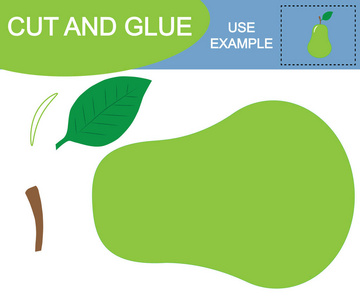 儿童教育游戏..用剪刀和胶水制作梨果的形象..
