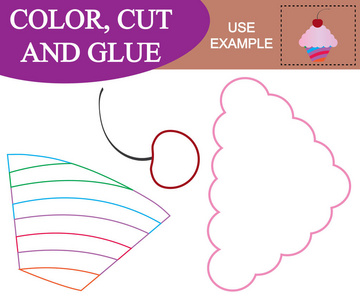 用樱桃创建纸杯蛋糕的形象。工作单。色，切割和打胶..儿童游戏。