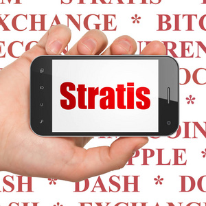 Blockchain 概念 手持智能手机与 Stratis 显示