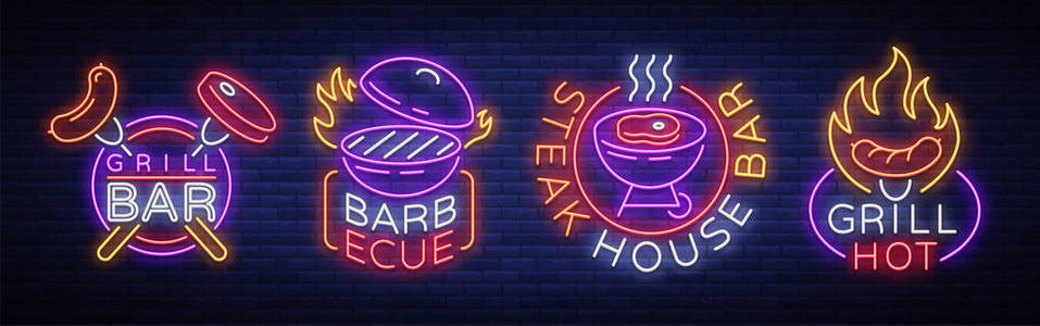 烧烤是一套霓虹灯风格的标志。矢量插图上的主题食物, 肉的相同。收藏霓虹招牌烧烤吧餐厅小吃店餐厅。烧烤, 牛排屋