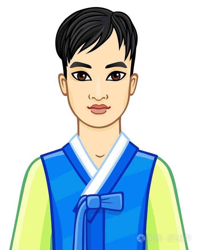 动画肖像的年轻迷人的韩国男孩穿着古代西装在白色背景上隔离的矢量
