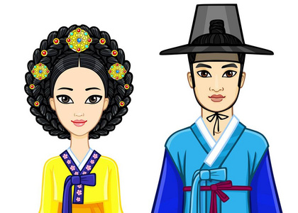 古代传统服装中年轻美丽的韩国家庭的动画肖像。 在白色背景上隔离的矢量插图。