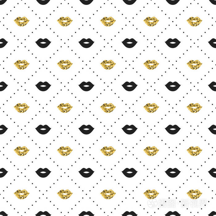 无缝模式与黑色和金色的嘴唇亲吻形状情人节口红吻矢量插图背景