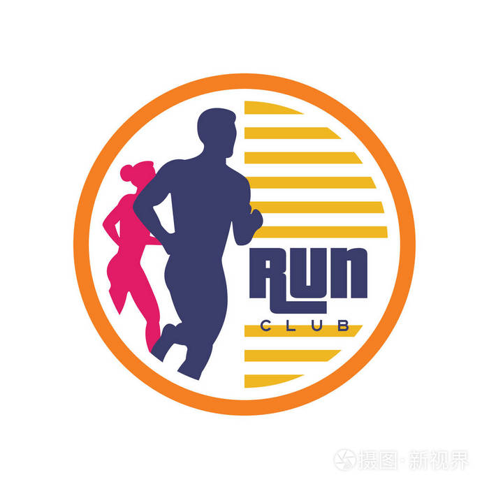 奔跑俱乐部标志模板, 标志与抽象奔跑人和妇女剪影, 体育俱乐部标签