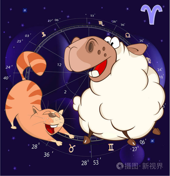 可爱的卡通猫和有趣的羊在占星背景矢量插图