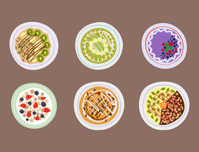 早餐麦片粥浆果顶视图美味美食美味的素食新鲜吃早晨甜点矢量图照片