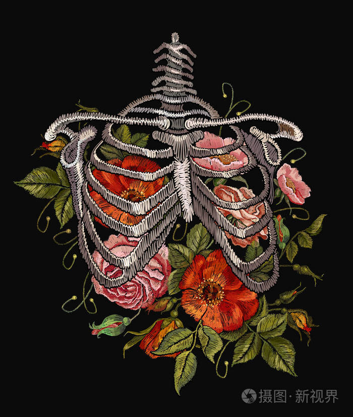 哥特式刺绣骨架肋骨和花. 时尚服装t恤衫设计漂亮的花复兴风格矢量
