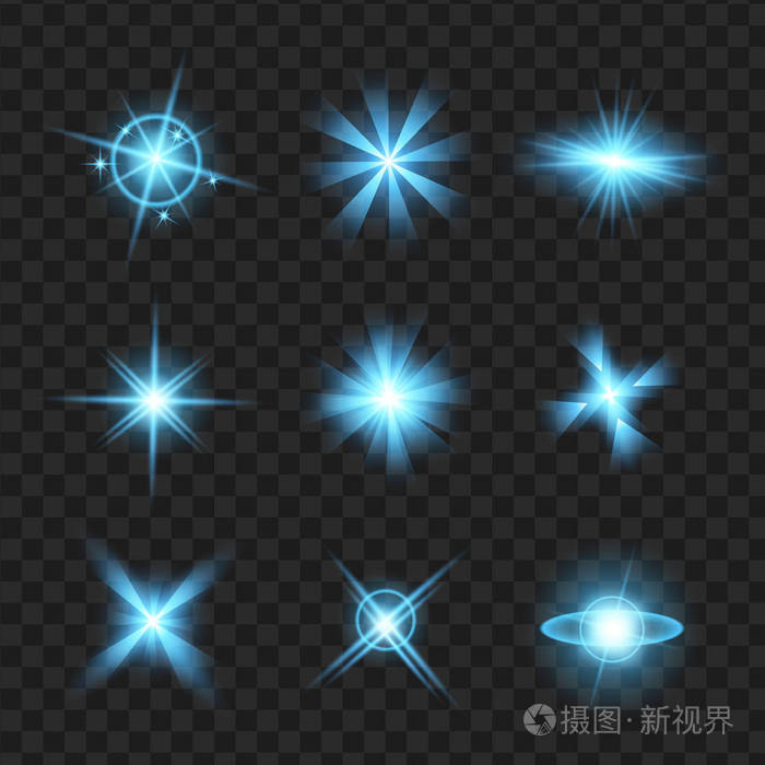 蓝色的星星与闪光的图标设置效果闪烁眩光闪烁元素标志图形光透明设计
