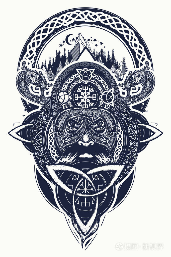 北方战士t恤设计. 奥丁的凯尔特徽. 北龙山维京头盔民族风格