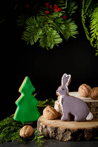 姜饼以动物的形式，有圣诞树的树枝。 装饰。 深色背景