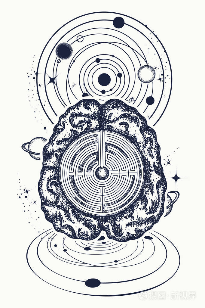 大脑和宇宙纹身 art.心理学,哲学的符号